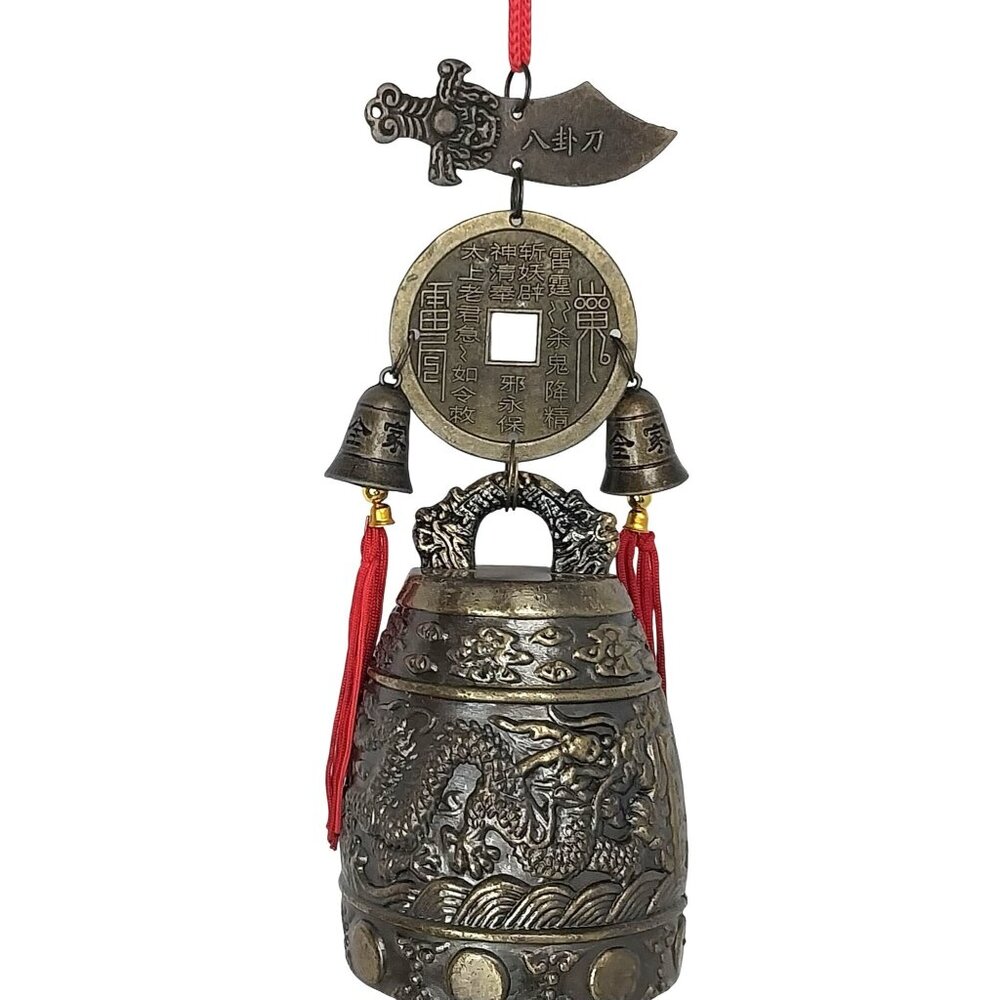 Feng Shui Bronze Wind Chime Dragon Red Tassels 18"